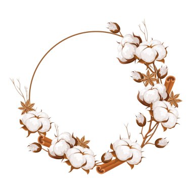 Beyaz arka planda izole edilmiş kurutulmuş pamuk ve tarçın çubukları çelengi..