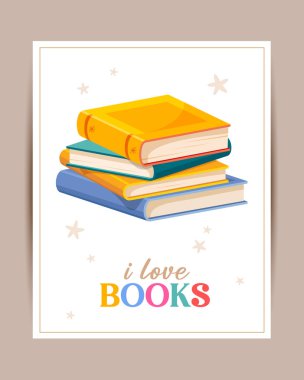 Dünya kitap günü için renkli kitaplar ve harflerle dolu vektör posteri