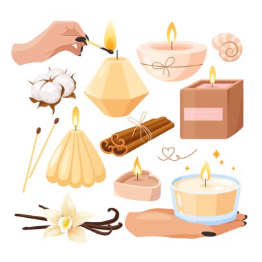 Ev içi aromalı mumlar aromalı tarçın çubukları, kurutulmuş pamuk, vanilyalı kaplar ve beyaz arka planda izole edilmiş macunlar..