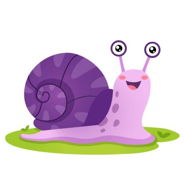 Beyaz arka planda izole edilmiş çimenlerdeki sevimli salyangoz karakterinin vektör çizimi.