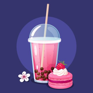 Lezzetli Fransız Makarnası ile servis edilen plastik bardakta soğuk ahududu çayı..