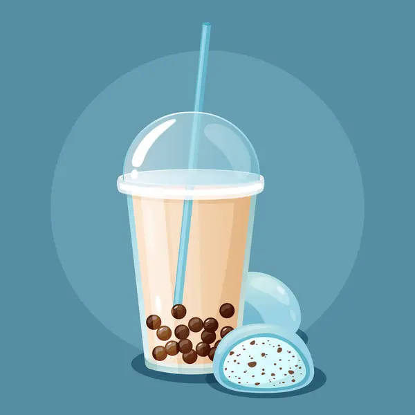 stock vector Cold coconut milk bubble coffee in takeaway plastic cup with yummy mint mochi dessert.