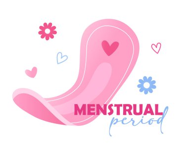 Beyaz arka planda izole edilmiş hijyen pedi ve harflerle kadınların adet günleri için vektör illüstrasyonu.