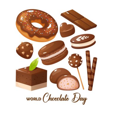 Collection of chocolate dessert includes macarons,mochi,cookies,lollipops,cakes, etc. for World Chocolate Day. clipart