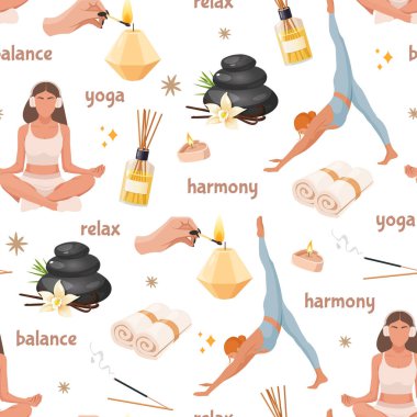Yoga öğelerine sahip vektörsüz şablon farklı asanalar, mumlar, aroma çubukları ve farklı aksesuarlarla pratik yapan kızları içeriyor..