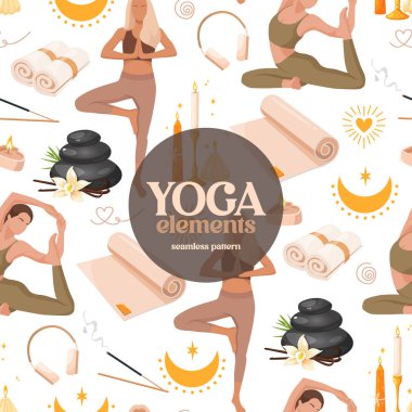 Yoga öğelerine sahip vektörsüz şablon farklı asanalar, mumlar, aroma çubukları ve farklı aksesuarlarla pratik yapan kızları içeriyor..