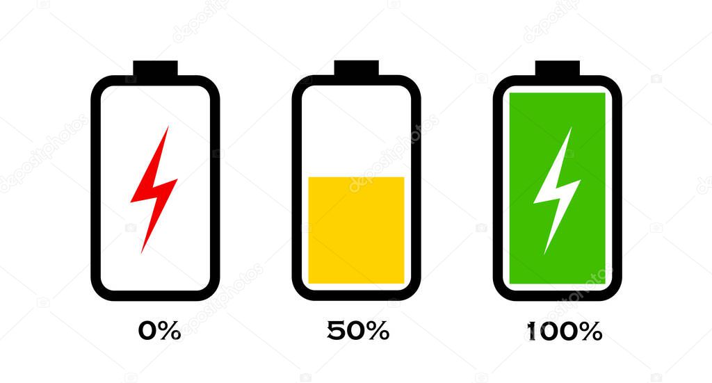 Set of battery charge indicators with low, average and high energy levels isolated on white background.
