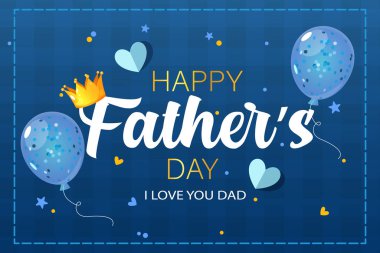 Mutlu Babalar Günü bayrağı, mavi balonlar, altın taç ve renkli konfetiler..