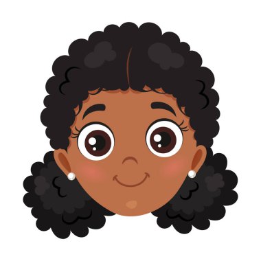 Siyah kıvırcık saçlı, gülümseyen Afrikalı kız karakteri..