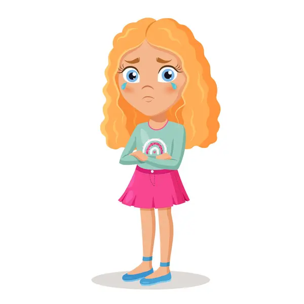 stock vector Cute cartoon sad crying girl character.