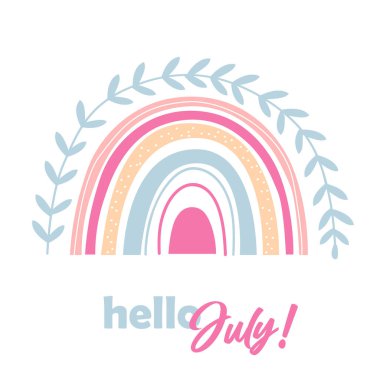 Vector çizgi film boho gökkuşağı harfli Merhaba Temmuz.