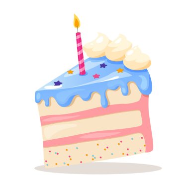 Vector birthday cake slice with burning candle isolated on white background. clipart