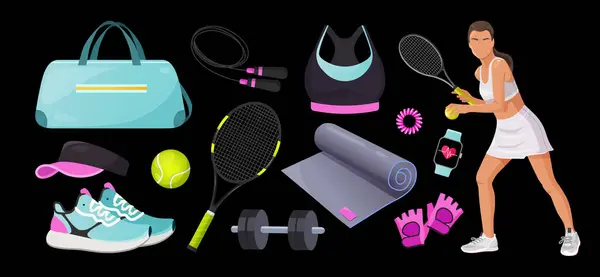 stock vector Professional woman tennis player in sportive clothes with different sportive equipment,clothes, etc.