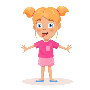 Beyaz arka planda izole edilmiş pembe elbiseli komik bebek kız karakteri..