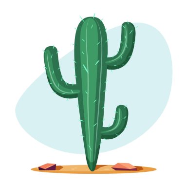Cute cartoon cactus on desert sand with stones. clipart