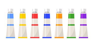 Sanatçı boya tüpleri beyaz arkaplanda farklı renklerde izole edildi.