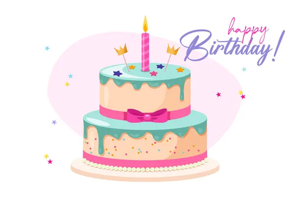 stock vector Vector birthday cake with burning candle and lettering.