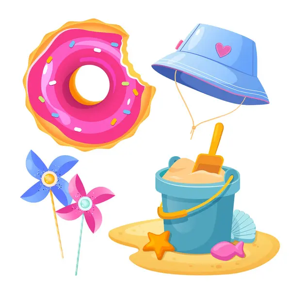 stock vector Vector summer icons with donut swimming ring, kids fashionable summer hat, colorful windmill toys and sand bucket for beach games.