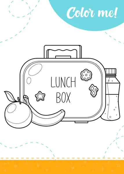 stock vector Coloring page for kids with lunch box and different snack. A printable worksheet, vector illustration.