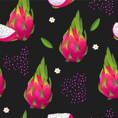 Koyu arkaplanda ejderha meyvesi pitaya desenli vektör dikişleri.