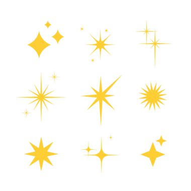 Beyaz arkaplanda izole edilmiş yıldız ve parıltı koleksiyonu.
