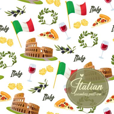 Mimari anıtı, tabağı ve içeceği, ulusal bayrağı ve haritası olan kusursuz İtalyan vektör deseni.