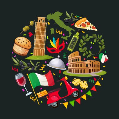 Mimari anıtı, tabağı ve içeceği olan kusursuz İtalyan vektör deseni, ulusal bayrak.