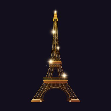 Beyaz arka planda ışık ve parıltılarla izole edilmiş Paris Eyfel Kulesi çizgi filmi.
