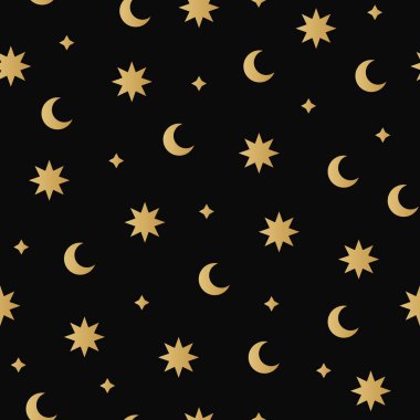Minimalist boho pürüzsüz desen, altın yıldızlar ve siyah arka planda uydular..