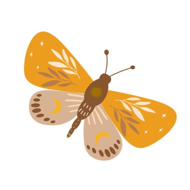 Beyaz arka planda boho biçiminde dekoratif kelebek çizimi.