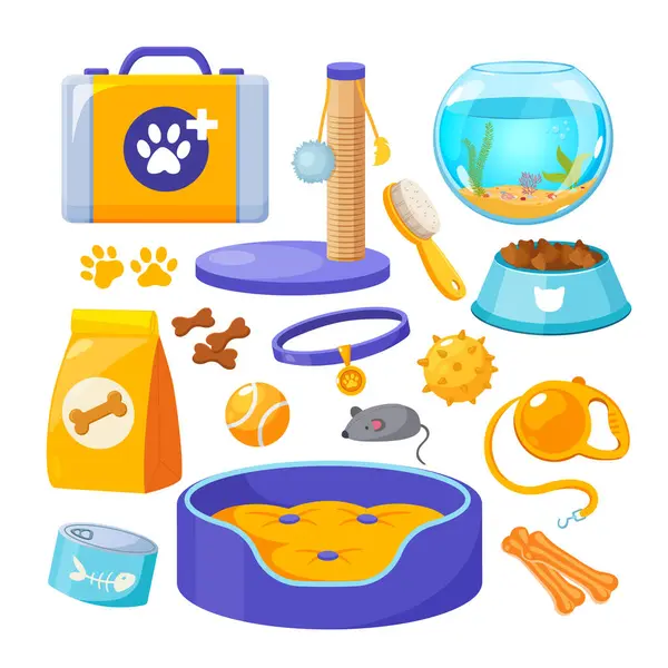 Stock vector Collection of pet supplies includes animal food, toys, care things etc.