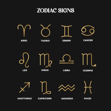 Koyu arkaplanda izole edilmiş isimlerle altın doğrusal burç işaretleri koleksiyonu.