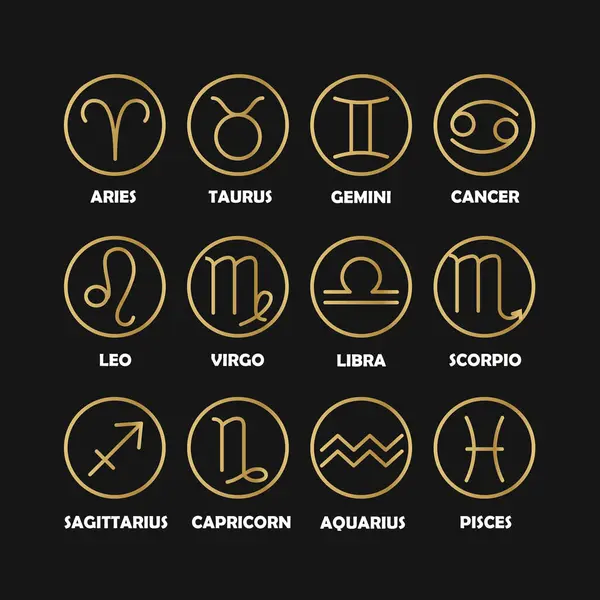 stock vector Collection of golden linear zodiac signs with names isolated on dark background.