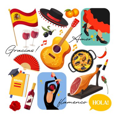 İspanyol sembollü vektör koleksiyonu ulusal gıda, bayrak, flamenko dansçısı kızlar, gitar, sangria.
