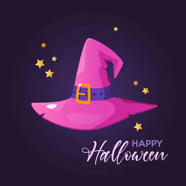 stock vector Cartoon Halloween holiday greeting card with pink witches hat on gradient purple background with lettering.