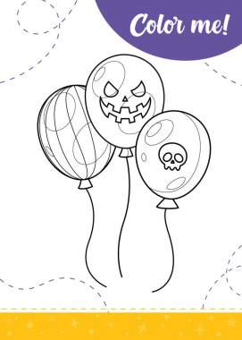 Karikatür cadılar bayramı renkli hava balonları olan çocuklar için boyama sayfası. Yazdırılabilir çalışma tablosu, vektör illüstrasyonu..