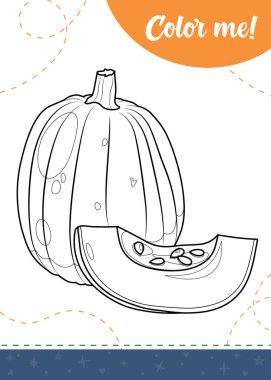 Çizgi film karakteri ve dilimlenmiş balkabağı olan çocuklar için boyama sayfası. Yazdırılabilir çalışma kağıdı, vektör illüstrasyonu.