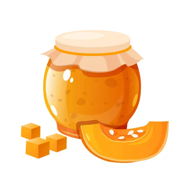 stock vector Glass jar of pumpkin jam with slice and cubes of pumpkin near isolated on white background.