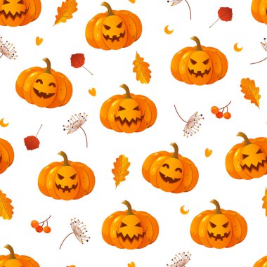 Beyaz arka planda Cadılar Bayramı tatili için farklı yüzlere oyulmuş balkabaklarıyla vektörsüz desen.