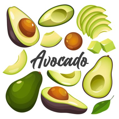 Set of fresh whole,half,sliced avocado wuth lettering isolated on white background. clipart