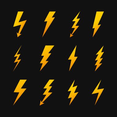 Simge sarı yıldırım simgeleri siyah arkaplanda izole edildi.