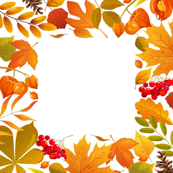 stock vector Autumn leaves frame design with cartoon fall leaves, berries, pine cones, physalis plant.