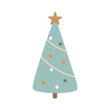 Süslemeleri beyaz arkaplanda izole edilmiş vektör düz Noel ağacı.