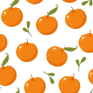 Beyaz arka planda meyveler ve dekoratif yapraklarla portakalsız desen.