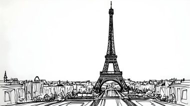 4K Eiffel Tower sketch picture with buildings around in black color on white background. clipart