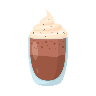 Üstünde krem şanti olan cam bardakta kakao ve beyaz arka planda izole edilmiş çikolata parçacıkları..