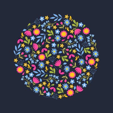 Renkli çiçekli bahar çiçeği çerçevesi, bitki dalları, uğur böceği vesaire koyu arka planda izole edilmiş..