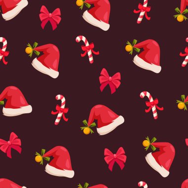 Noel Baba şapkası, baston şekerler ve şarap rengi arka planda kırmızı bayram fiyonklarıyla kusursuz bir yeni yıl deseni..