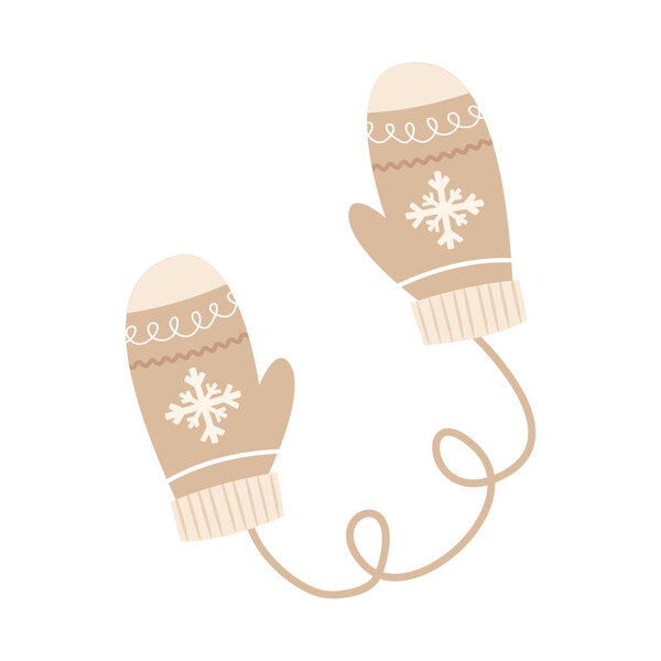 Cozy winter mittens design with ornament on beige color with rope isolated on white background.
