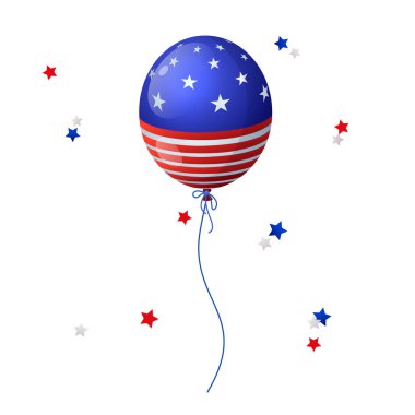 Beyaz arka planda izole edilmiş Amerikan bayrağı ve dekoratif yıldızlarının izine sahip helyum balonunun vektör çizimi.